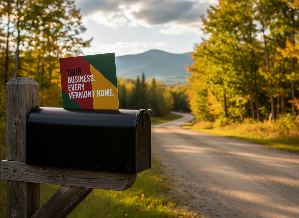 A close-up of a thick, high-quality direct mail flyer resting in a sleek black metal mailbox mounted on a rustic wooden post, with a backdrop of a winding Vermont dirt road, dense maple trees, and distant green mountains. The flyer’s surface shows rich, saturated colors and sharp typography that reads “Your Business. Every Vermont Home.” Golden hour sunlight rakes across the scene from the right, casting long, dramatic shadows and creating a warm, amber rim light on the mailbox edges. Captured at eye level with a gently blurred background, the composition follows the rule of thirds, making the flyer dominate the frame. The mood is bold and optimistic, with photographic realism and vibrant contrast that underscores the power of targeted local mail.