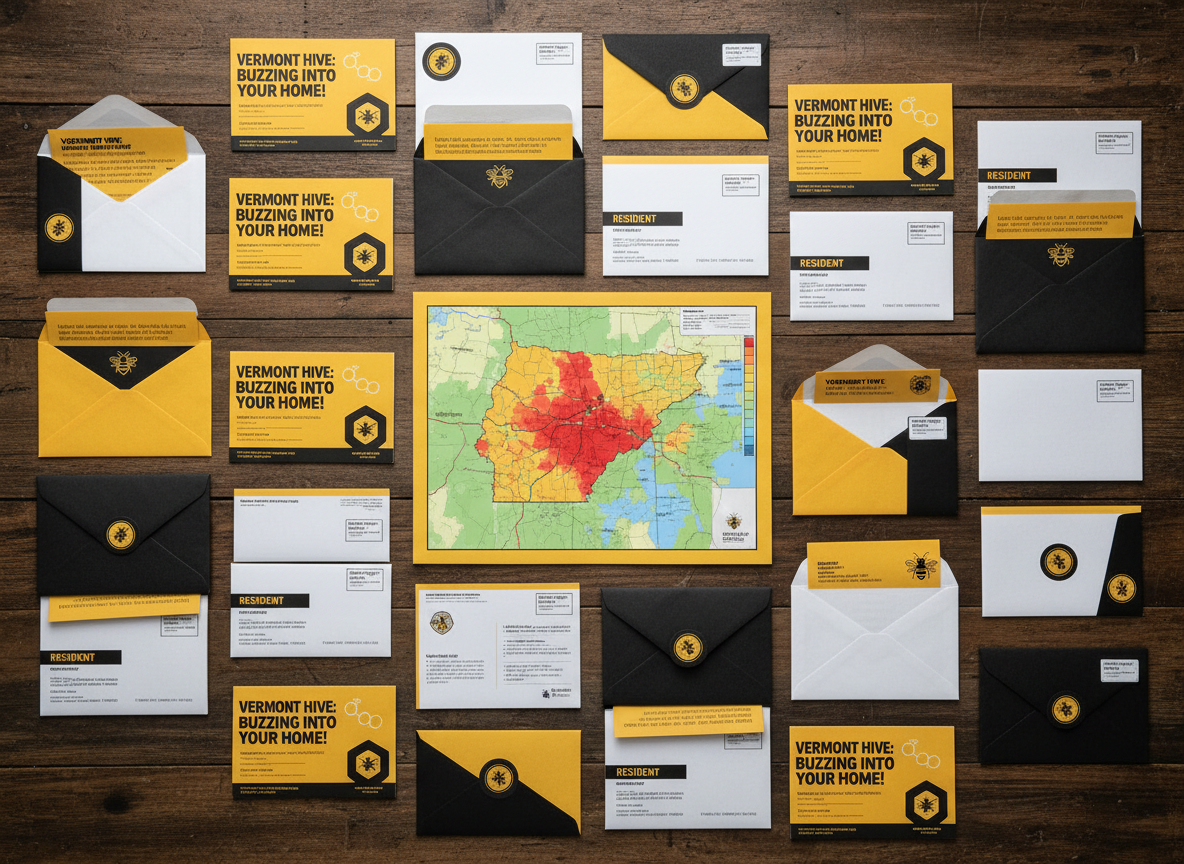 A high-contrast overhead photographic shot of a large wooden table covered with meticulously arranged direct mail pieces, envelopes, and folded brochures, all branded in a strong yellow-and-black Vermont Hive aesthetic. A detailed, color-coded heat map of Vermont is partially visible beneath transparent mailing labels, suggesting dense homeowner coverage. Bright, diffused studio lighting from above eliminates harsh shadows, making every texture—from matte cardstock to glossy finishes—stand out clearly. The composition is symmetrical and precise, with clean lines and sharp focus across the entire frame. The mood is organized, strategic, and assertive, capturing the feeling of a powerful, well-orchestrated marketing campaign ready to land in thousands of mailboxes.